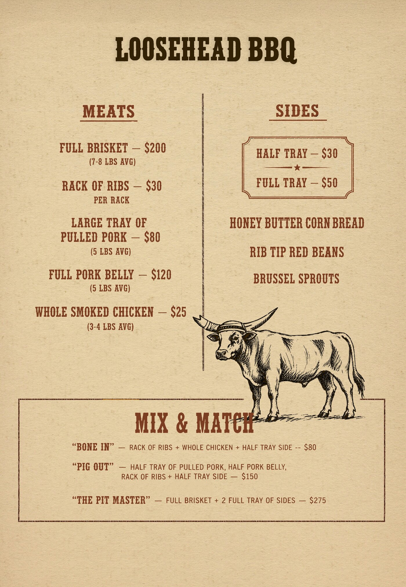 Loosehead BBQ catering menu — meats, sides, and mix and match packages